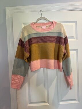 Pink Lily Cropped Striped Knit Sweater - Pink, Mustard & Sage
